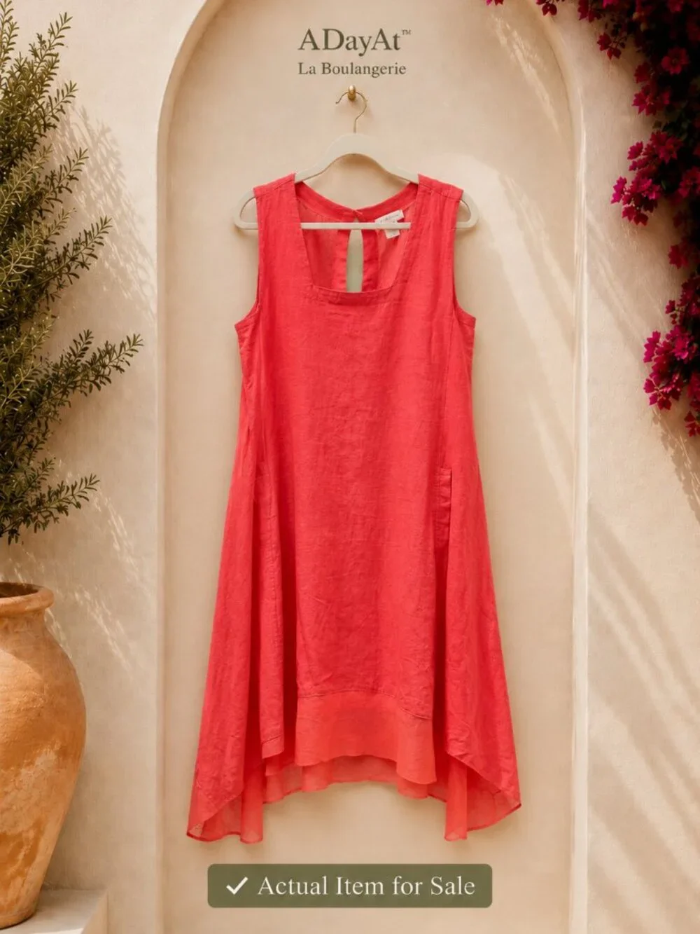 Linen Blend Coral Lagenlook Midi Dress Pockets Coastal Resort 1X Relaxed Fitting - Picture 1 of 9